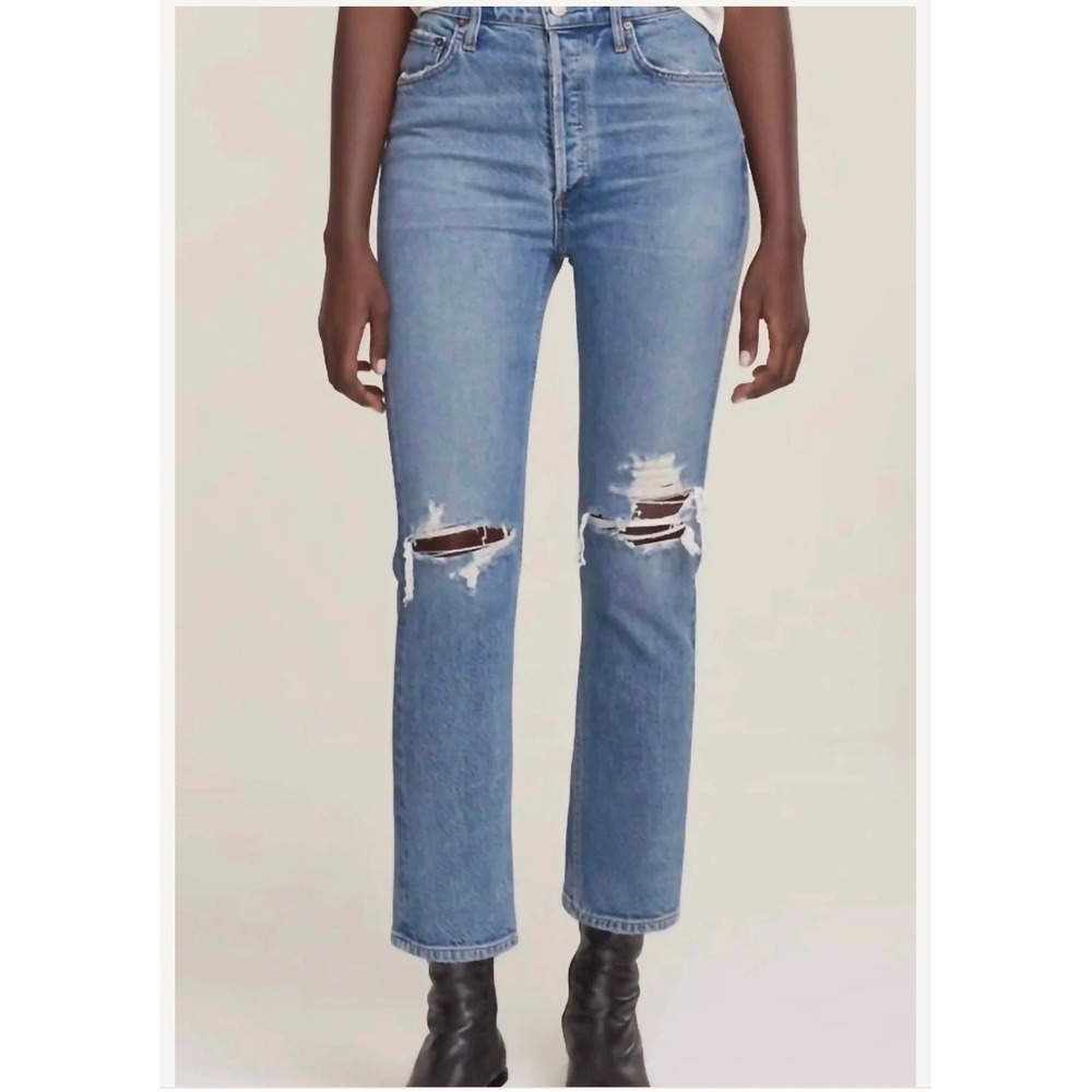 AGOLDE Riley Crop Slim Straight Jeans Size 23 High Rise Distressed Raw Hem